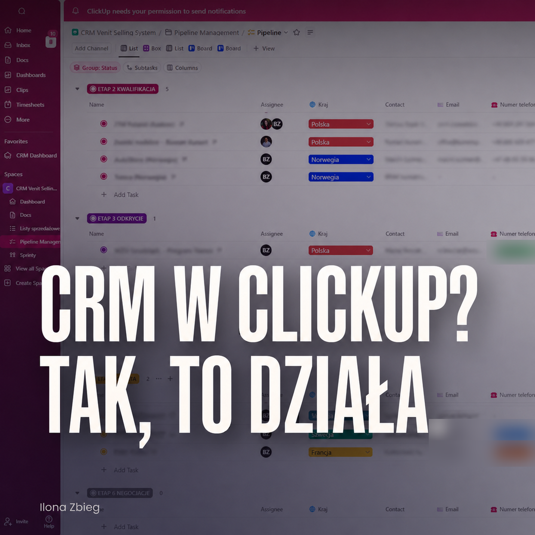 CRM w ClickUp - pipeline sprzedaży bez kupowania systemu